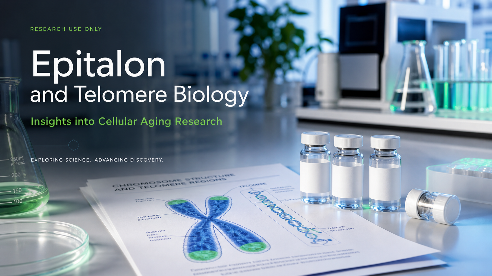 Blank-label research vials on a clean lab bench beside a chromosome and telomere research diagram with green and blue analytical-lab lighting.