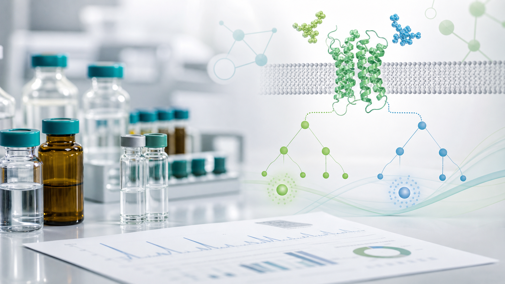 BetterBio-style clean lab bench with research vials, blurred analytical report, and abstract green and blue incretin receptor pathway graphics.