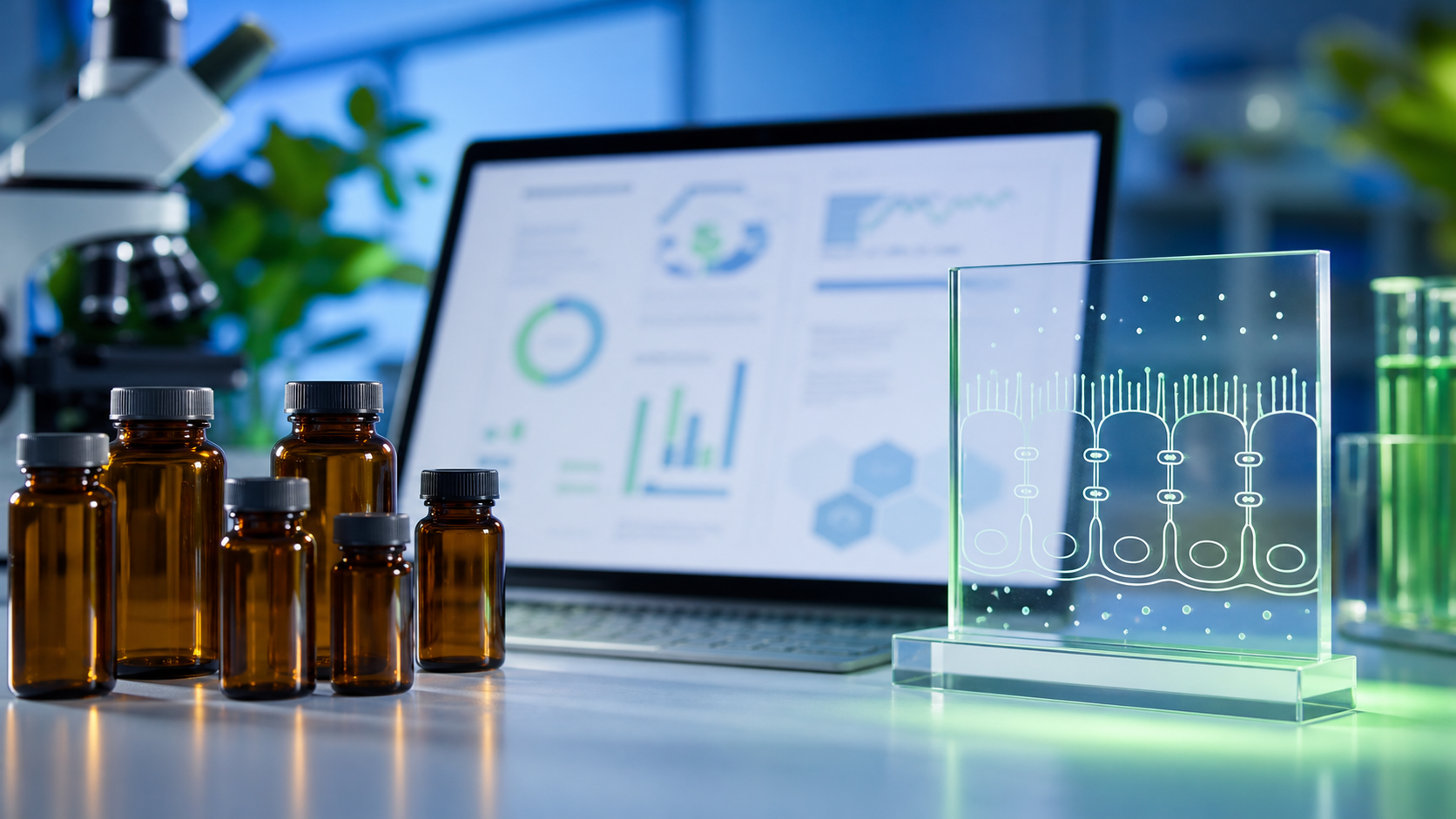 Amber research vials beside a blurred lab report and abstract intestinal barrier line art with green and blue lab lighting.
