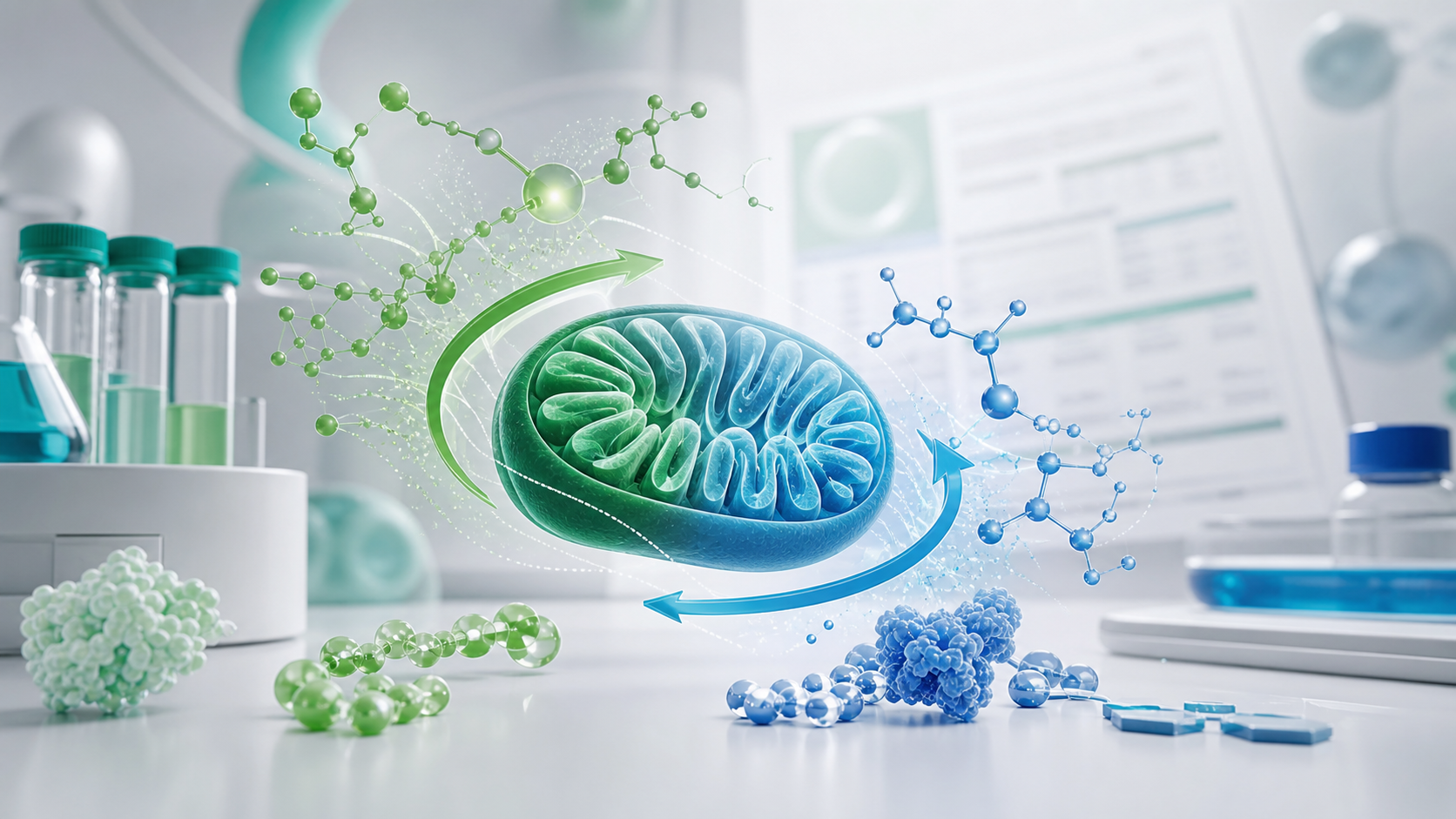 BetterBio-style lab scene with abstract mitochondria, green and blue molecular signaling paths, research vials, and a blurred analytical report.