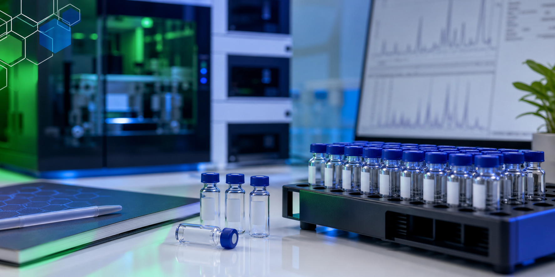 Blank-label research vials in an autosampler rack beside blurred analytical reports and LC-MS equipment with green and blue research lighting.