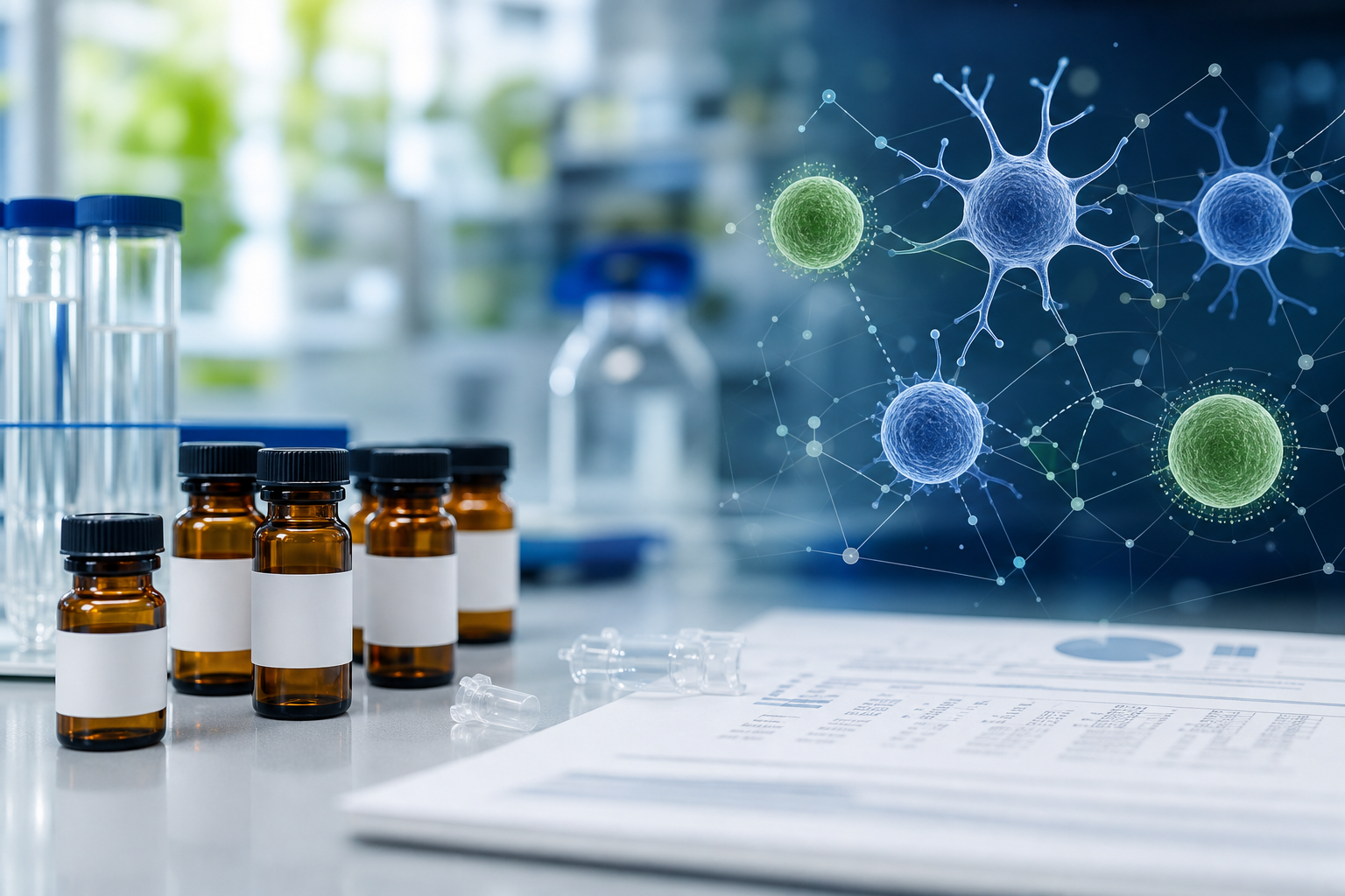 Blank-label research vials beside a blurred lab report and abstract immune-cell network visualization with green and blue research accents.