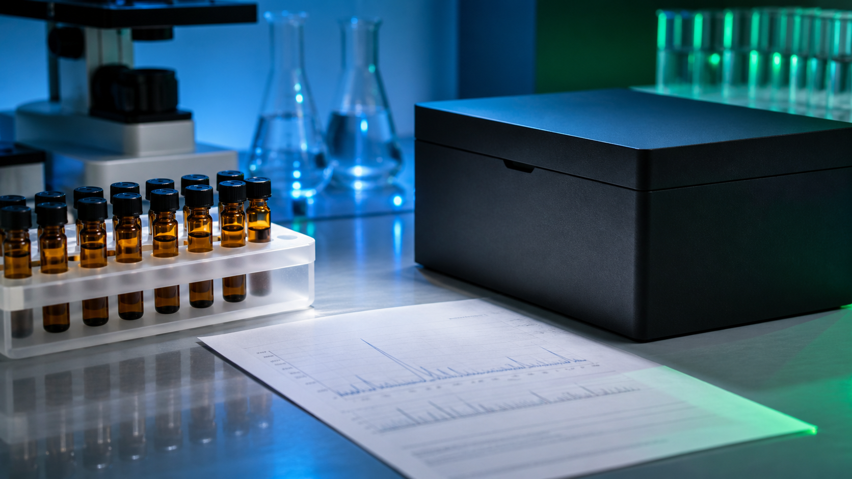 Amber research vials beside a light-shielded storage box and abstract testing report on a clean lab bench with green and blue research lighting.