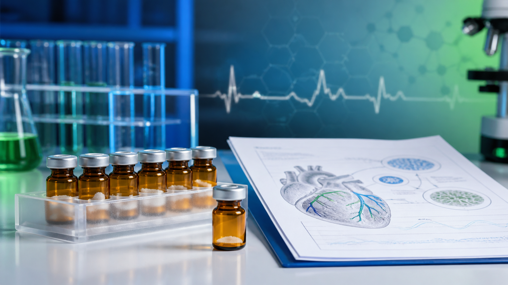 Amber research vials beside an abstract cardiac pathway report on a clean lab bench with blue and green research lighting.