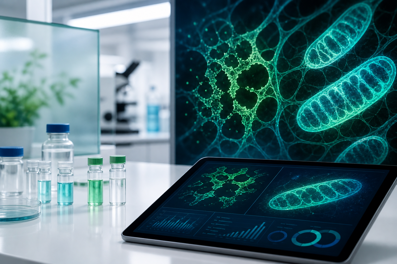 Research vials beside an abstract mitochondrial network visualization on a clean lab bench with green and blue BetterBio-style accents.
