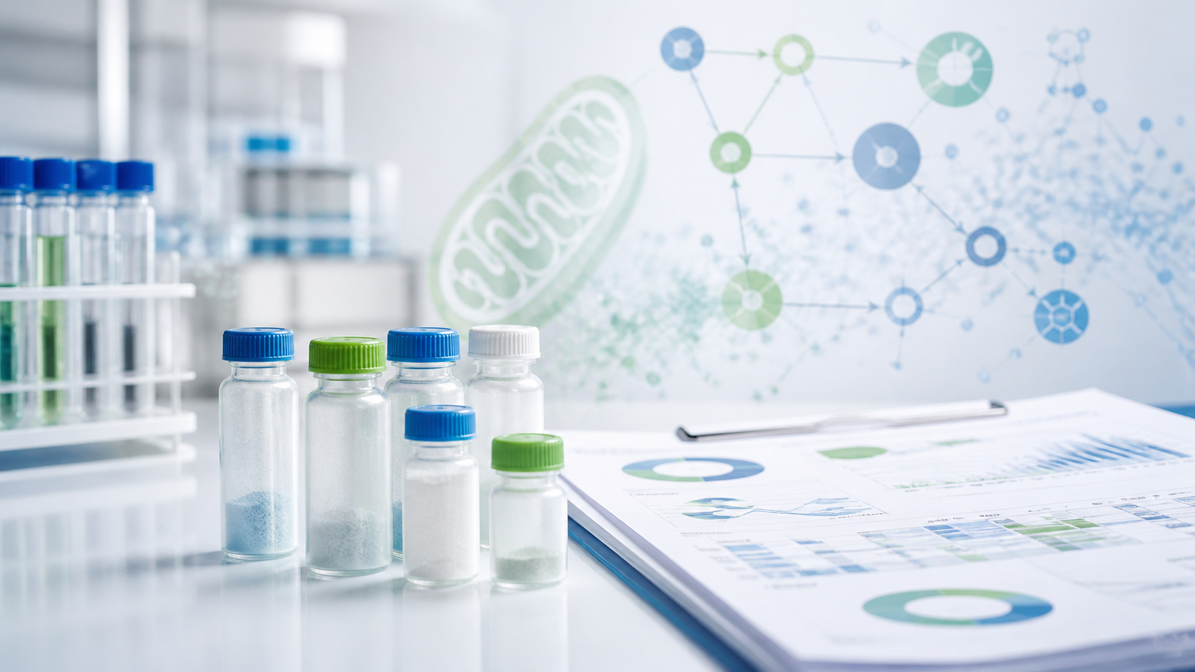 BetterBio-style research vials and COA-style testing report with green and blue redox pathway visuals for Nrf2 Keap1 mitochondrial research.