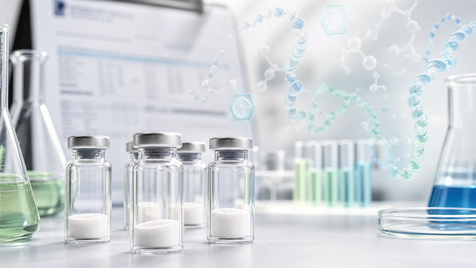 BetterBio-style clean lab bench with research vials, a blurred COA report, and green-blue pH buffer visuals around abstract peptide structures.
