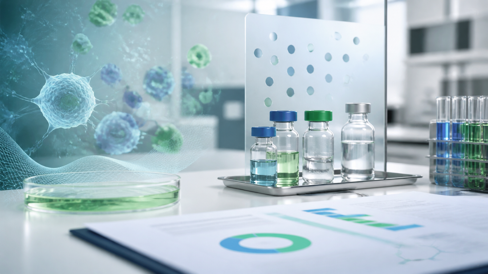 BetterBio-style research vials and COA report beside abstract cellular signaling imagery for SASP and cellular senescence research.