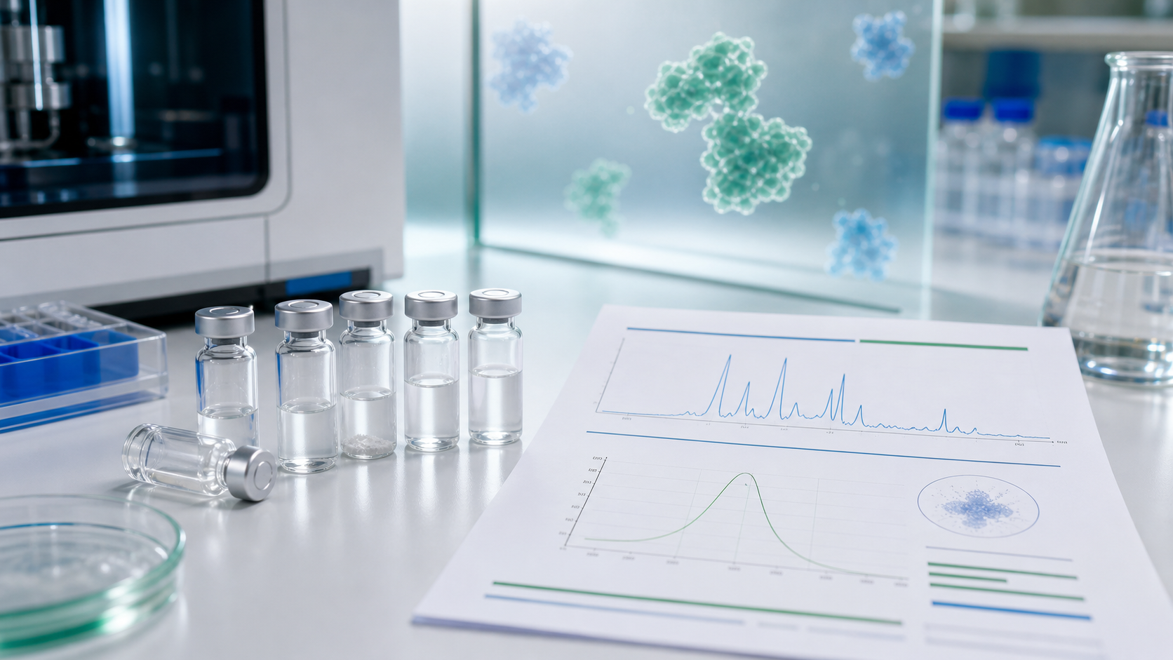 Research vials beside an abstract chromatography report and particle-size graph on a clean lab bench with blue and green BetterBio-style accents.